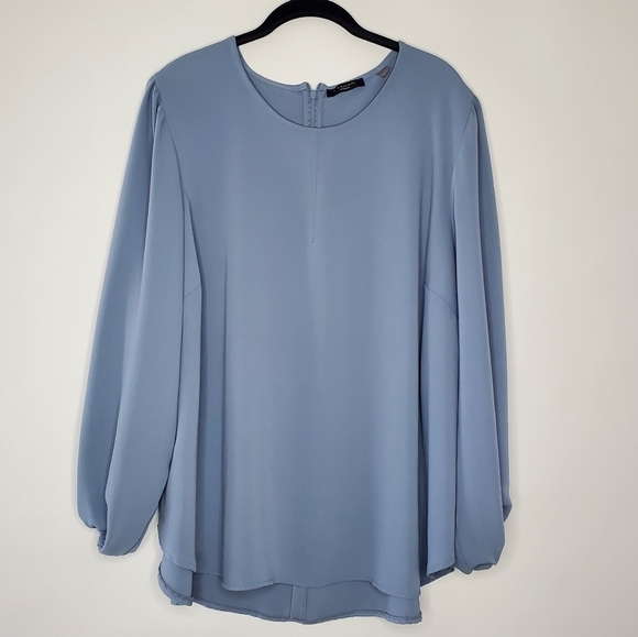 Tahari Woman Peasant Sleeve Top Size 2X Flowy Hi-low Hem Tunic Career Blue Shirt - Picture 1 of 11